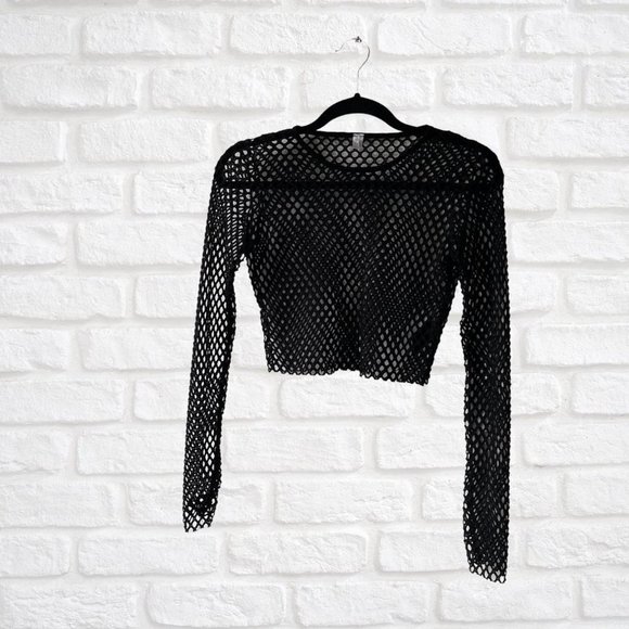 US S | Black Fishnet Long Sleeve Crop Top - Picture 1 of 3